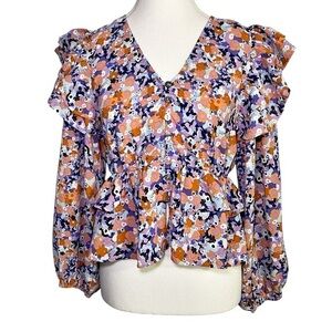 Entro Orange and Purple Floral Print Ruffled Long Sleeve Blouse